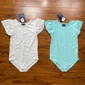 NWT New Cherokee Girls White + Mint Green Crochet Ruffle Sleeve Bodysuit Size 6